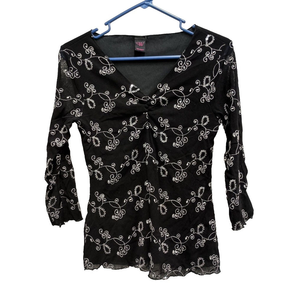 Vintage Y2K Wrapper Embroidered Mesh Top Womens Small Black Paisley Whimsygoth